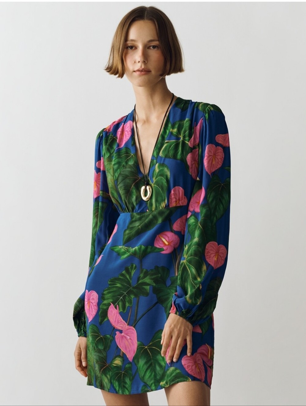 NEW Farm Rio For Anthropologie Blue Mini Dress With Pink Florals Deep V Long Slv